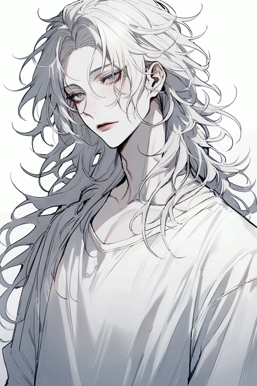aesthetic style, male with feminine face, white haired, pale skin, messy hair, hair length to neck, white plain t shirt