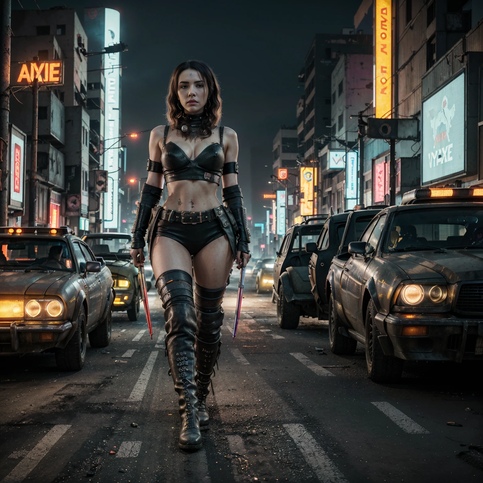plano general, whole body, sharpness,((Best Quality)), ((Masterpiece)), (hyper detailed:1.3),8k, 3D,HD, beautiful (cyberpunk:1.3) Woman with wavy and voluminous hair in modern style.,((with weapons in hands)),vivid colors, violet, orange yellow, Brown, cian, violet, (( (futuristic mad max movie style backdrop)))