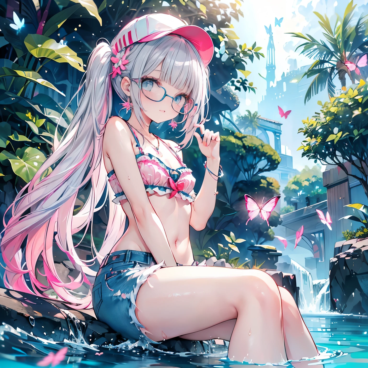 low angle,from below,(water splash,lovely laugh),((elegant blue denim baseball cap)),
(wearing elegant pink round frame glasses,circle frame),((white frilled sexy elegant cute bra,
sexy denim hot pants)),(beautiful pink and green butterflies and fish all over the place),colorful fish,flowers,fantasy beams and lights,
((masterpiece:1.4, best quality)), ((masterpiece, best quality)),((beautiful twin tail silver pink hair,blunt bangs,beautiful cobalt blue eyes, girl)),full body, flat sitting in the water,(beautiful emerald green beach,waves),(water splash,lovely laugh), (pink Lace chalker, red wristband, diamond necklace,earrings),cinematic lighting and pause,beautiful natural mysterious beach,night sky,full moon,(beautiful pink and red butterflies and fish all over the place),