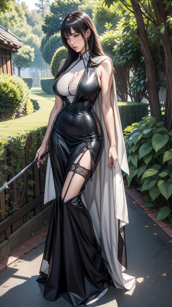 Satsuki Kiryuin from Kill-la-Kill, big breasts, voluminous breasts, curvy breasts, mesh stockings, standing with a katana, full height, bottom view, best quality, very detailed, ultra 8k resolution, huge breast, coat , vest, long skirt, portrait, full body, Victoria's clothing, long dress, knight, pants, black skin suit, medieval city, plants, vest, polo shirt, forest, long skirt