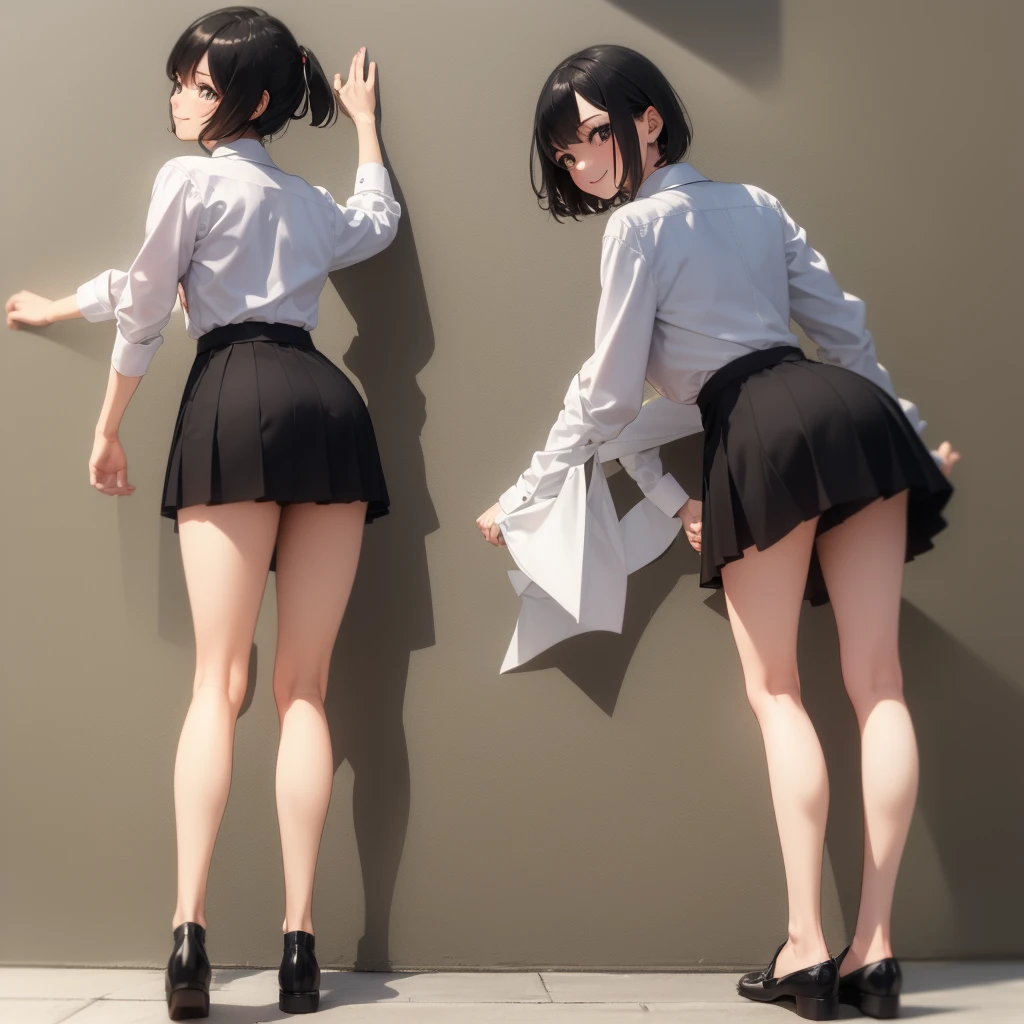 Black Hair　One Girl　smile　Short Hair　Are standing　Wearing a white shirt　Wearing a skirt　Medium chest　medium butt　The whole body is facing forward　Narrowed eyebrows　School