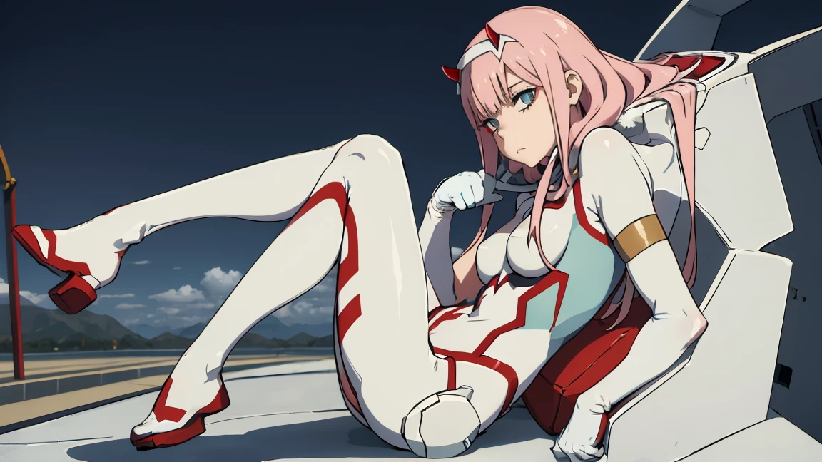 masterpiece, Best quality, ZeroTwo, horns, hair band, white bodysuit, full length, Correct anatomy 1.1., White gloves, fur, Sitting, From Side, Looking at the viewer, bored, Runway, sky, clouds 
