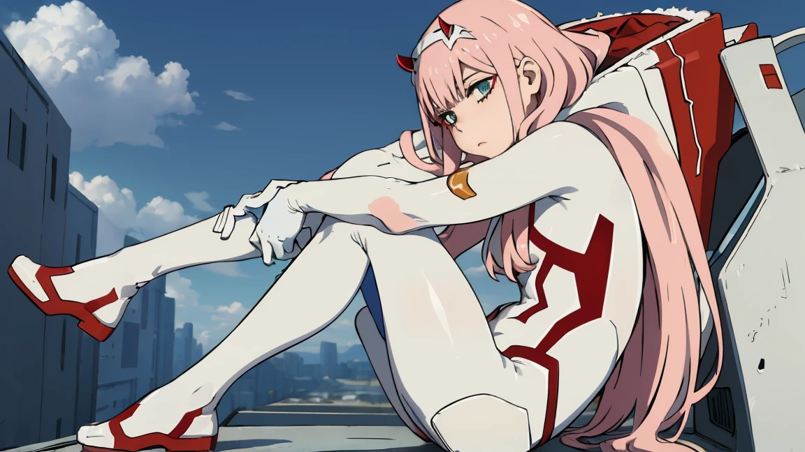 masterpiece, Best quality, ZeroTwo, horns, hair band, white bodysuit, full length, Correct anatomy 1.1., White gloves, fur, Sitting, From Side, Looking at the viewer, bored, Runway, sky, clouds 