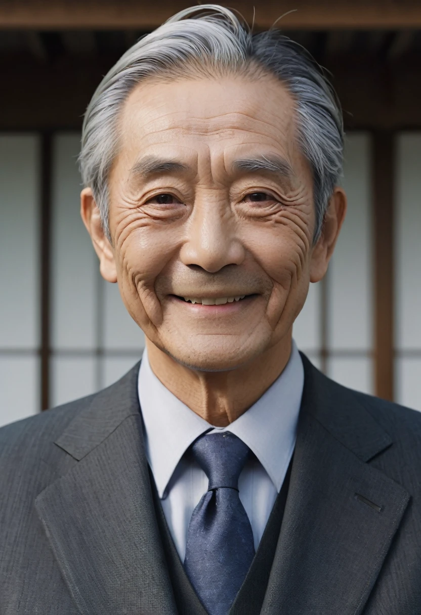 elder,male,Japanese,Wrinkle,smile,suit,Thinning hair,Gray Hair,Single,Drooping eyes,Fujifilm, Cinematography, 16K, Ultra-high resolution