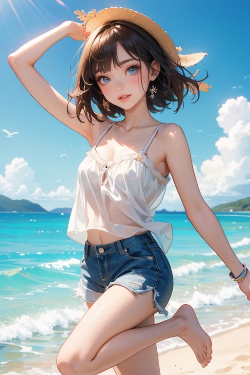 (Highest quality、masterpiece、High resolution、8K)、Vibrant colors、Young and beautiful woman 1、whole body、(Detailed face、Beautiful Eyes、Beautiful nose、Pretty lips)、Black and brown short bob、White tank top and shorts、barefoot、Jump High、Ride along the sandy beach、Surprised Smile、Official Art、The background is the sea、blue sky、Wide sandy beach、Wide forest、White waves and sandy beach、White Entrance Cloud、