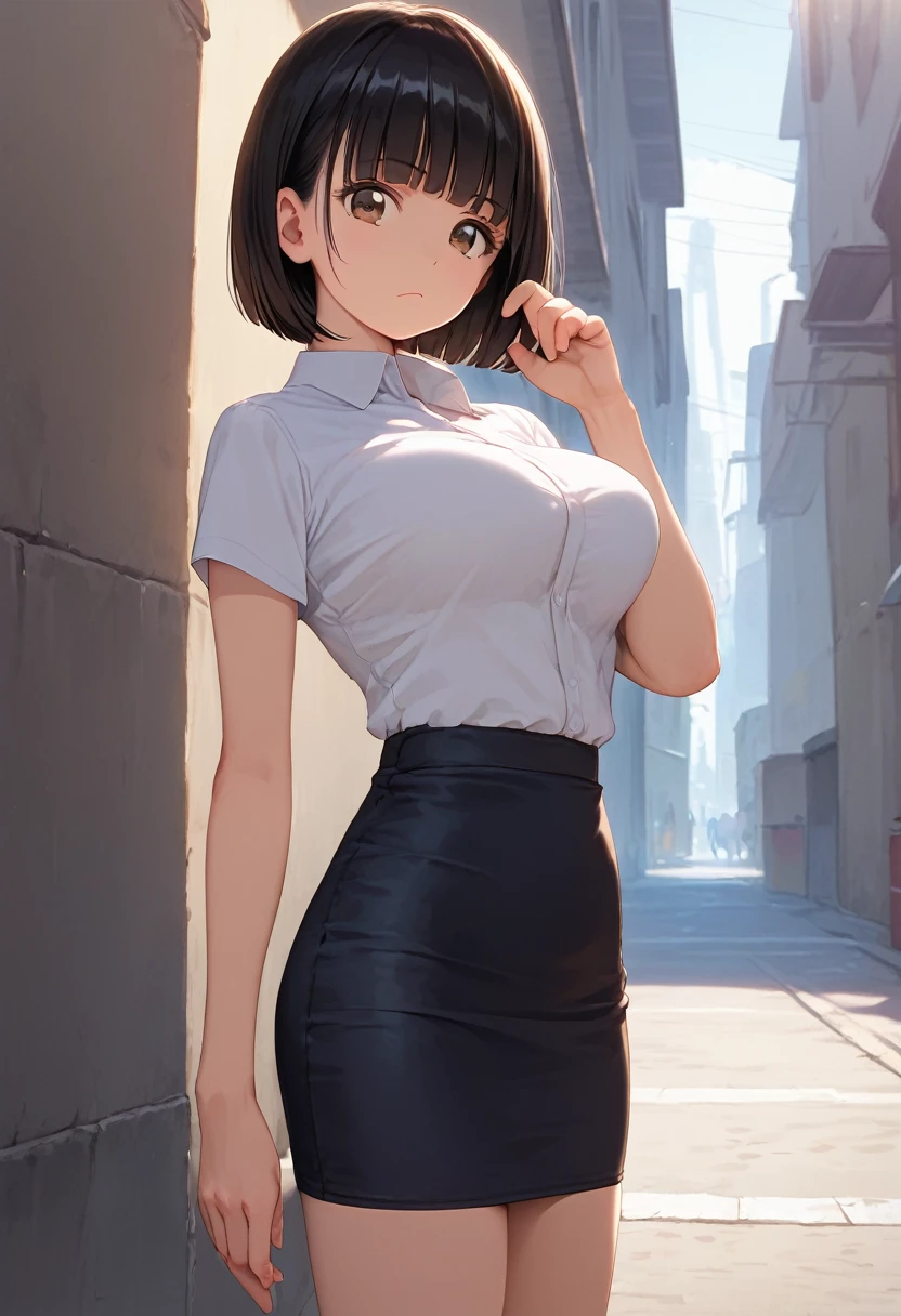 score_9,score_8_up,score_7_up,masterpiece,best quality, source anime, realistic, super detailed, extreme detailed, rating_safe,
1girl, hiding behind the wall, Only face peeks out,
BREAK girl, 22yo, short hair, bob cut, (blunt bangs), black hair, (tareme, detailed cute brown eyes), curled eyelashes, (large breasts:0.9),
shiny hair, beautiful detailed eyes, beautiful face,
slender, small ass, slim legs,
white collared shirt, black tight mini skirt,
serious, frown,
outdoors, city, street, back alley,