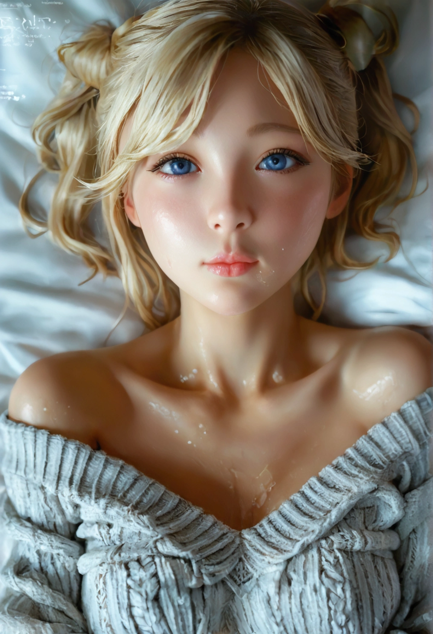 ( Magazine cover:1.2), 1 blonde twintails loli，beautiful eyes(穿off-shoulder sweater),(Downturned mouth, indicating disappointment),E7E48U，All sweaty，Lying in bed, Small Breasts