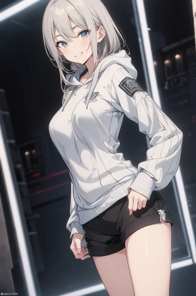 Concept Art, white Background, simple Background, White hair, Silver gradient hair , Composite cloth, Virtual YouTuber, best quality, masterpiece, Dynamic Angle, , cowboy_shooting, Watching_Back, grab, girl,Miss,woman, young,20 years old, , Hair , Silver Hair, Flowing hair, Ahog, giggle, Beautiful and delicate golden eyes, teeth, Large Breaonde eyes, White skin, hoodie, Black_shorts, Gray clothes, transparent_Background, Backlighting, absurd, high resolution, Extremely detailed,sweater,Smile,cowboy裤