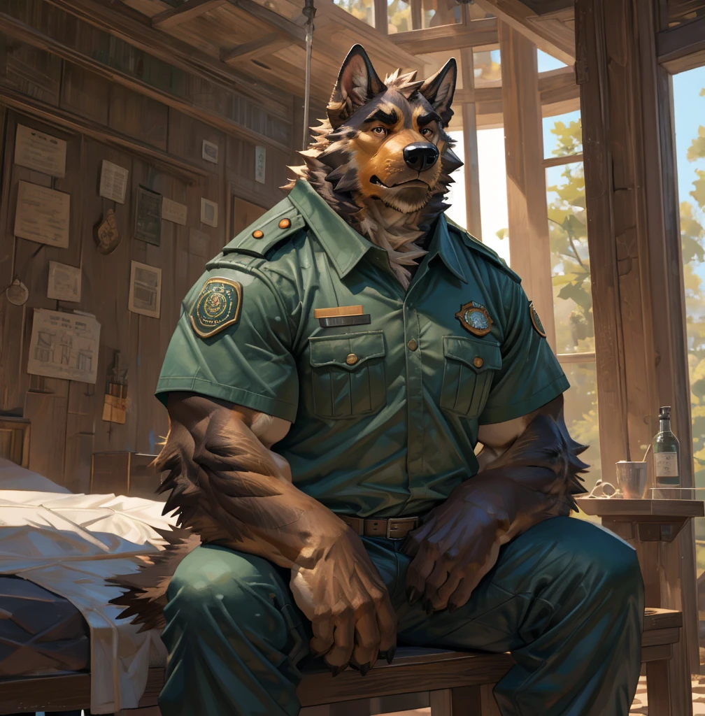 By Taran Fiddler, one man, anthro canine (irish wolfhound), hound dog breed, brown fur, dilf, wrinkly face, bushy eyebrows, wearing park ranger uniform, stern facial expression, looking away from viewer, sitting on bed, inside a national park watchtower