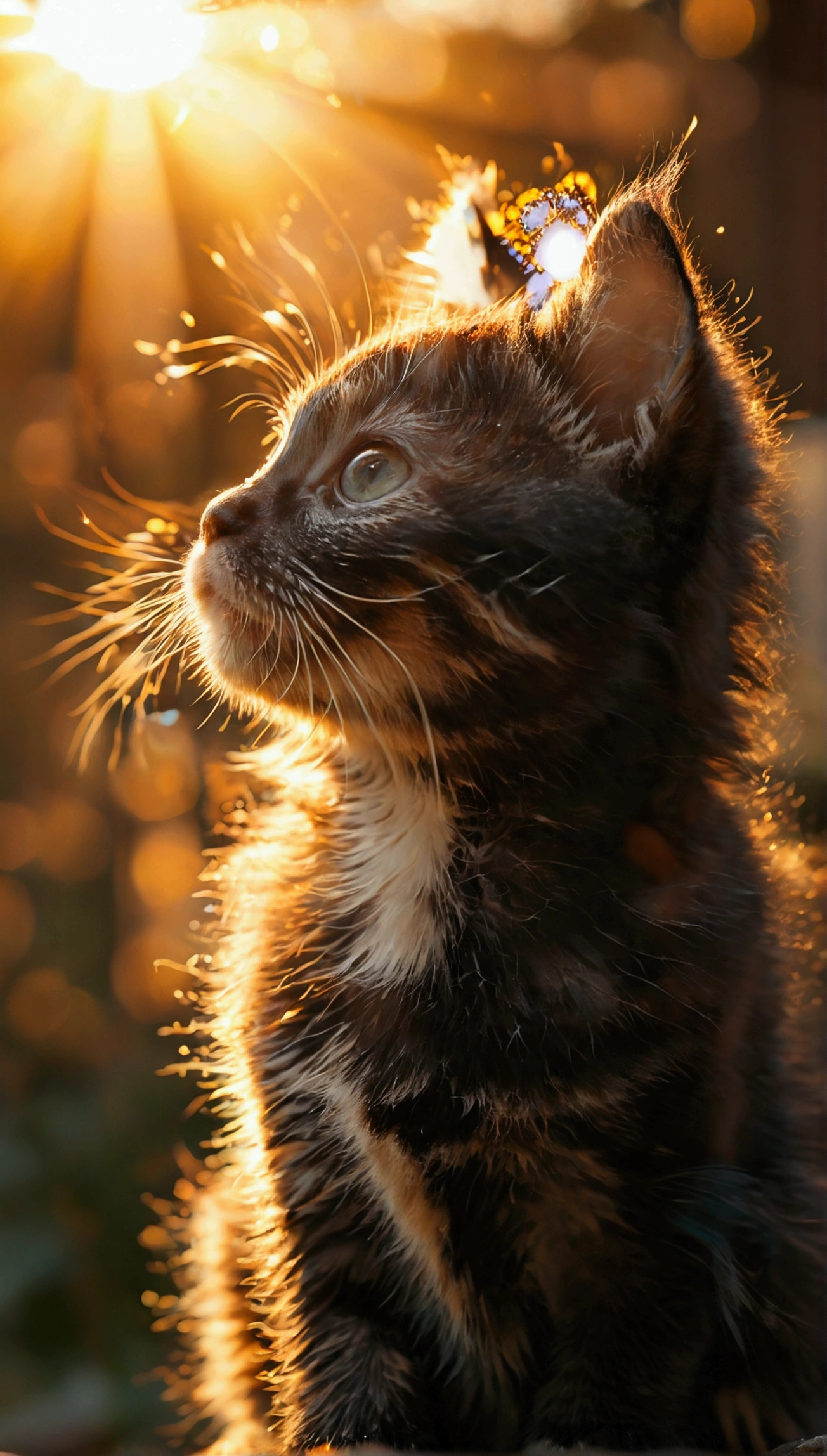 Cute kitten, warm sunshine, backlight, silhouette