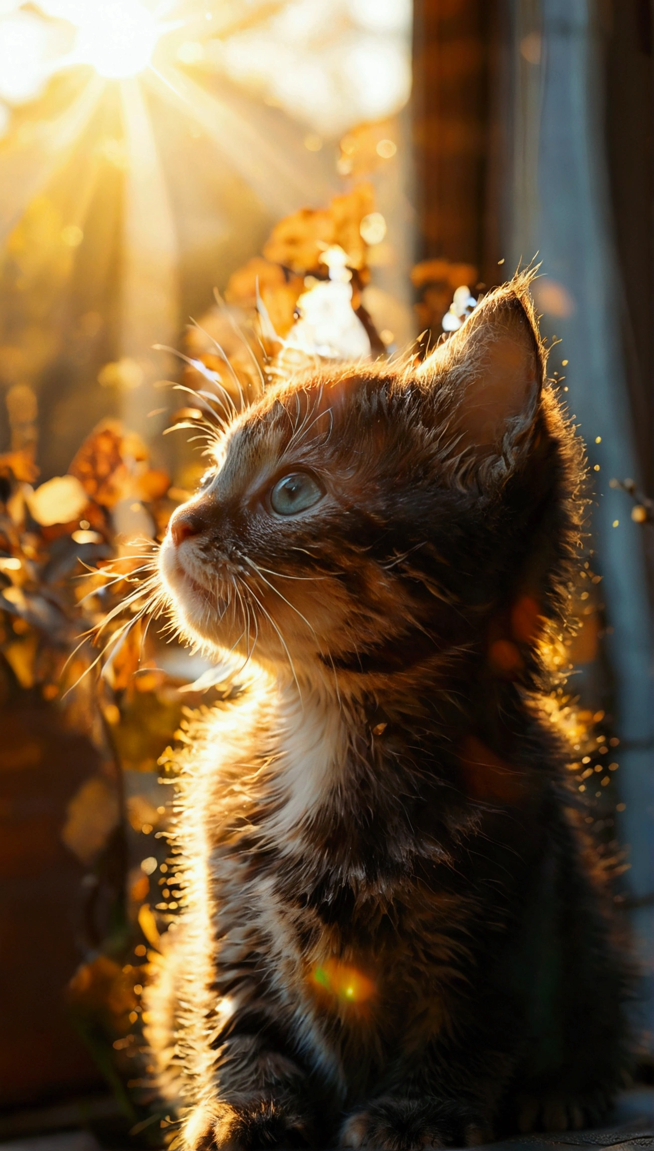 Cute kitten, warm sunshine, backlight, silhouette
