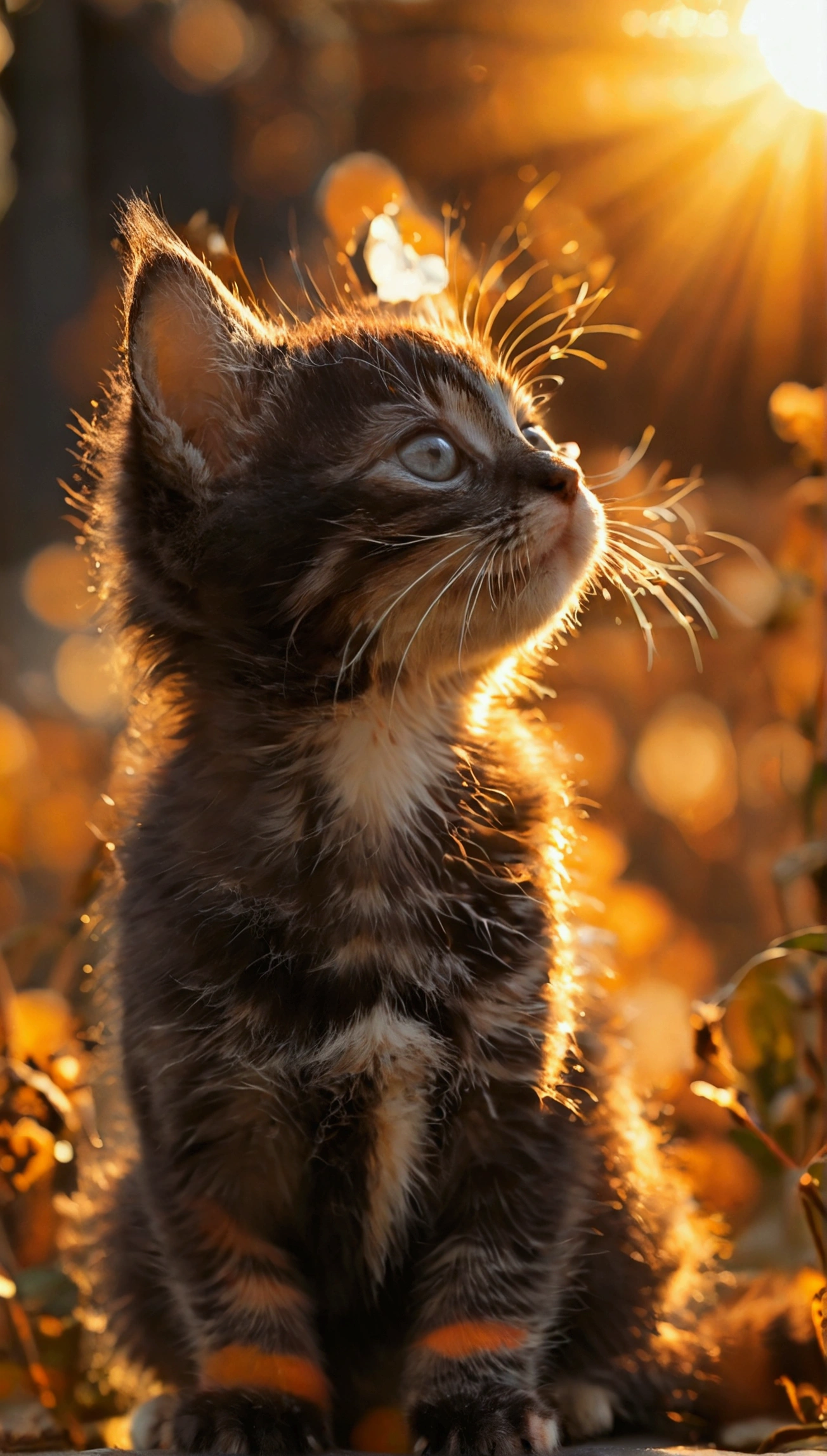 Cute kitten, warm sunshine, backlight, silhouette