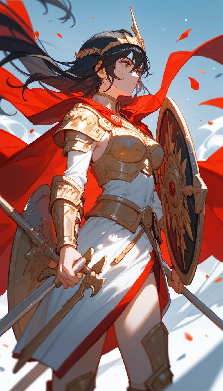 (Fraction_9,Fraction_8_Direction_7_up), ((1 woman))(Close shot),Sparta,Valkyrie,Holding a shield,European and American clothing,Golden Armor,Red Cape,Saint Seiya,Black hair,Athena