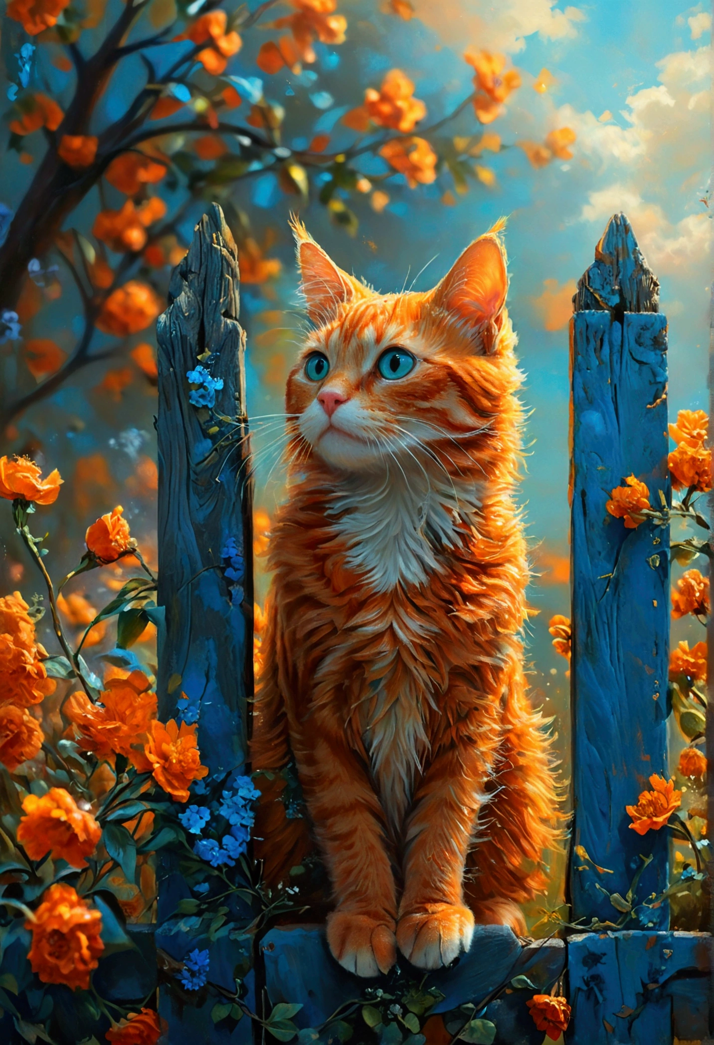 orange cat on a fence staring into the distance, in the style of michael whelan, victor nizovtsev, dark amber and sky-blue, hypercolorful dreamscapes, hyperrealistic animal portraits, jan frans van bloemen, luminous palette