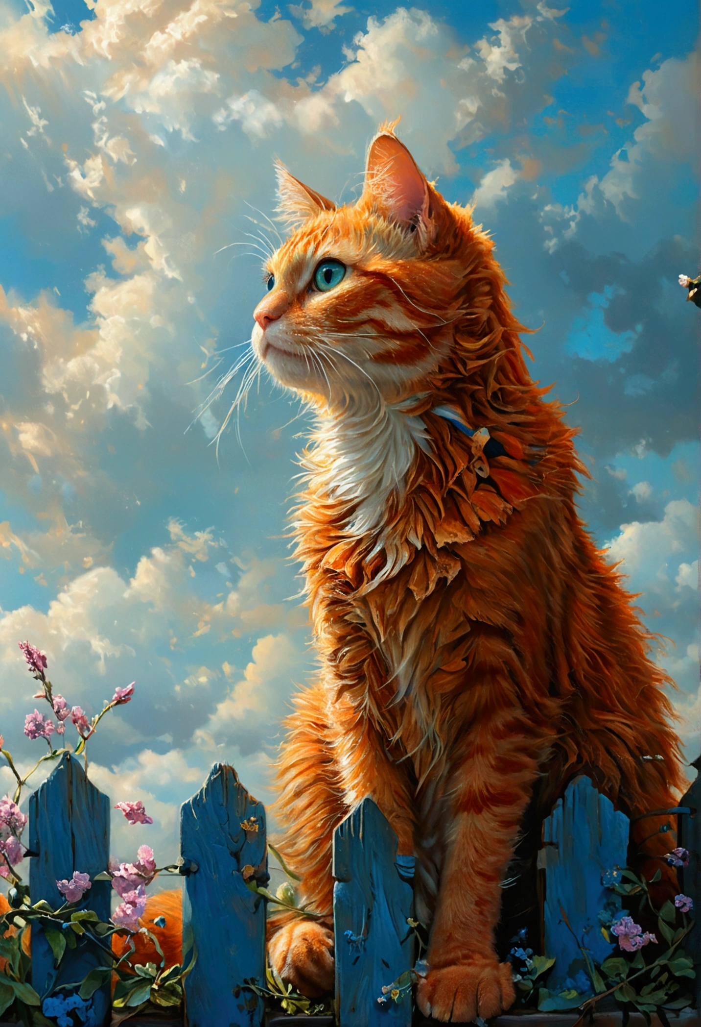 orange cat on a fence staring into the distance, in the style of michael whelan, victor nizovtsev, dark amber and sky-blue, hypercolorful dreamscapes, hyperrealistic animal portraits, jan frans van bloemen, luminous palette