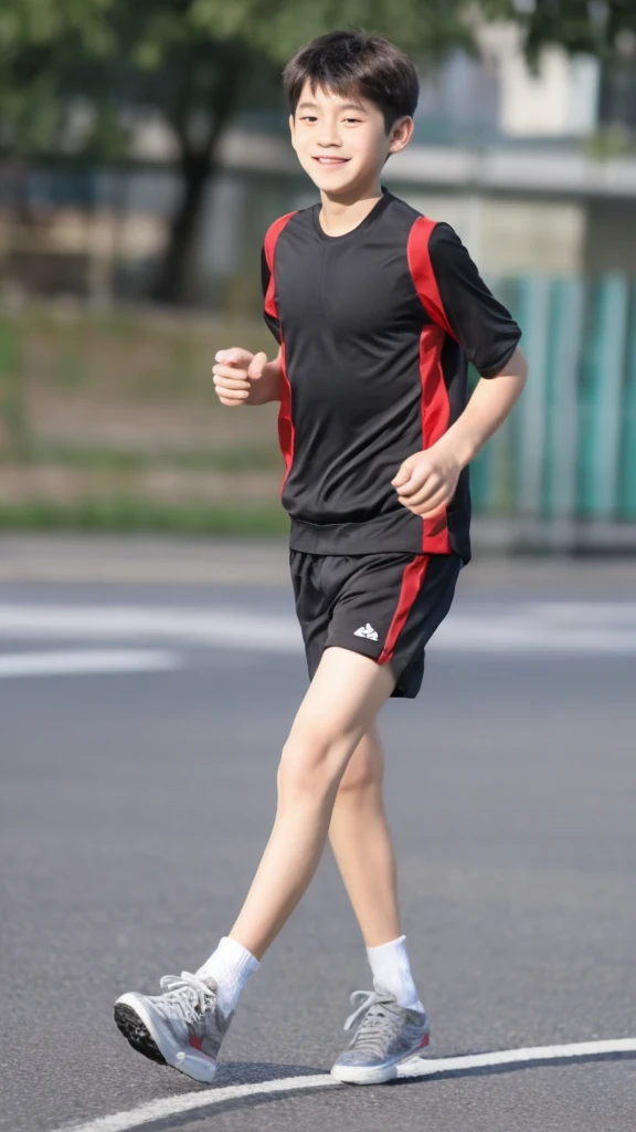 ,Smile,Spread your white and slender legs,jogging,full body,8K五官精致,Handsome boyish feeling,8K