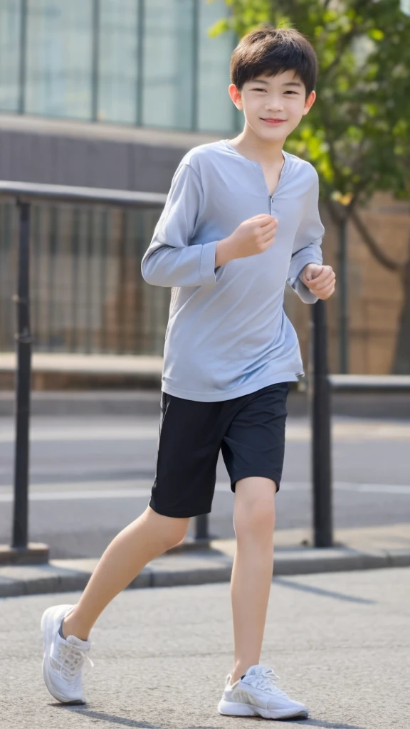 12-year-old boy,Smile,Spread your white and slender legs,jogging,full body,8K五官精致,Handsome boyish feeling,8K