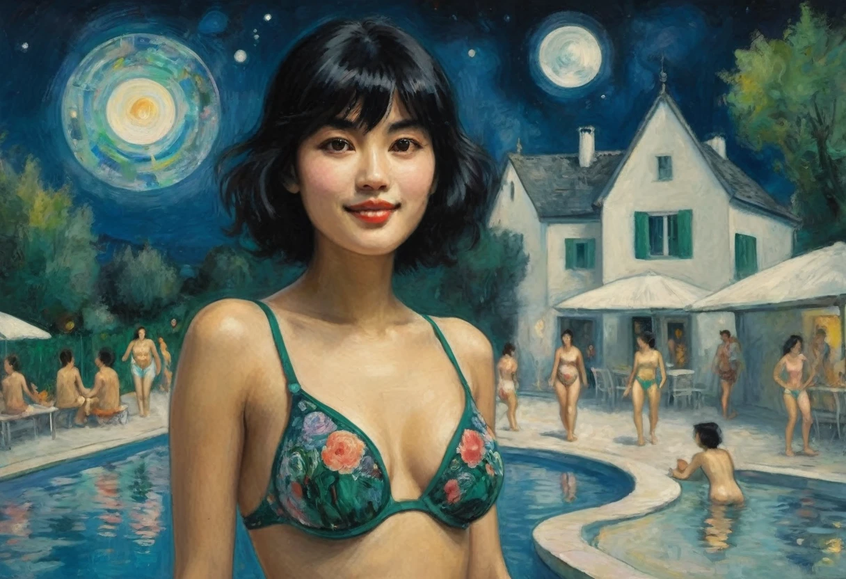 1girl, intricate details, beautiful detailed face, (minimum micro bikini:1.2), see-through, looking at viewer, (night pool party), blush, open mouth, black hair, medium hair, blunt bangs, happy, standing((Marc Chagall style)), magic naive art, primitivism, protogen, ((best quality, Masterpiece)), ((Highest detail)), RAW:1,1, 8k