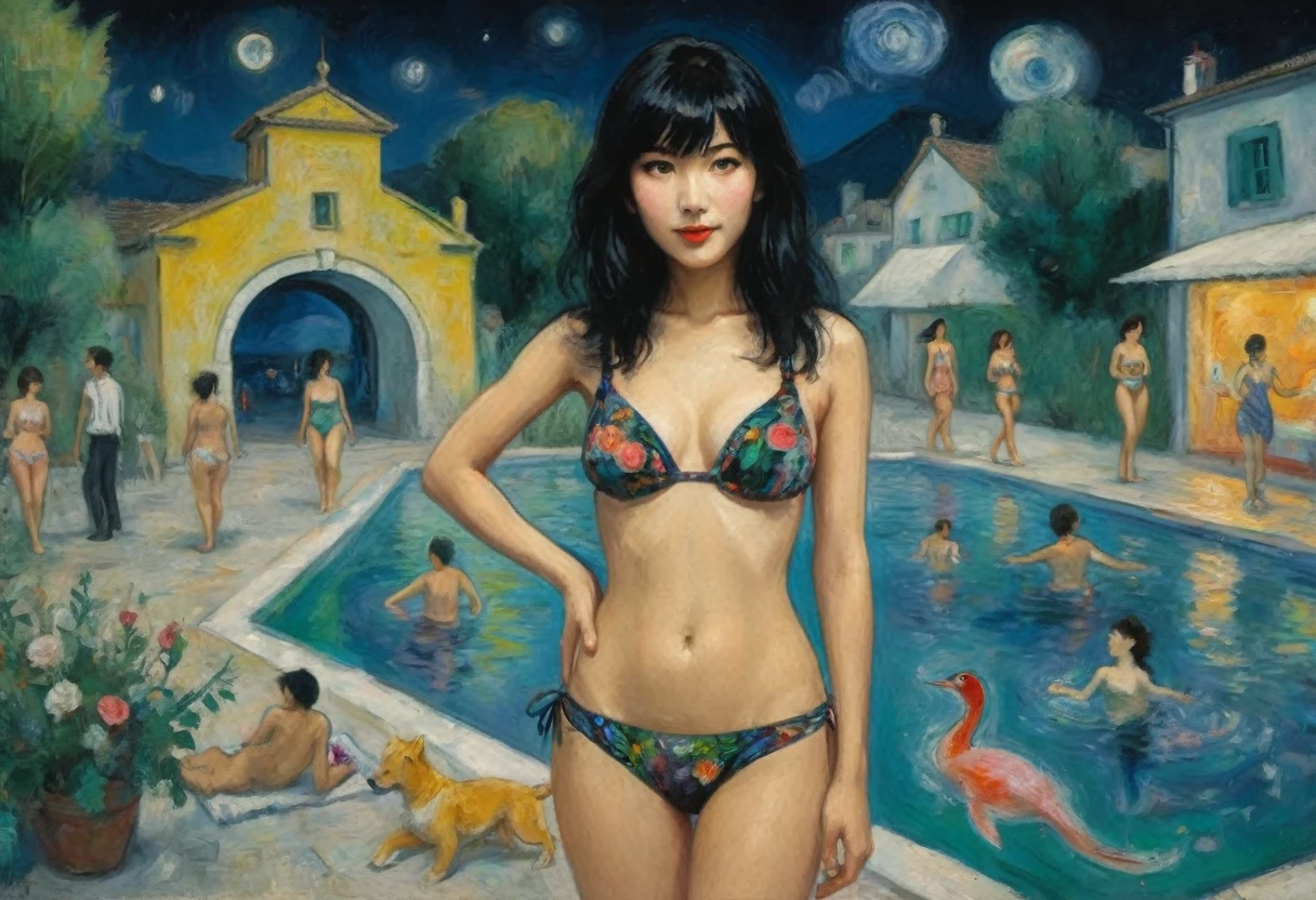 1girl, intricate details, beautiful detailed face, (minimum micro bikini:1.2), see-through, looking at viewer, (night pool party), blush, fun and joy jin tonic , black hair, medium hair, blunt bangs, happy, standing, people, ((Marc Chagall style)), magic naive art, primitivism, protogen, ((best quality, Masterpiece)), ((Highest detail)), RAW:1,1, 8k