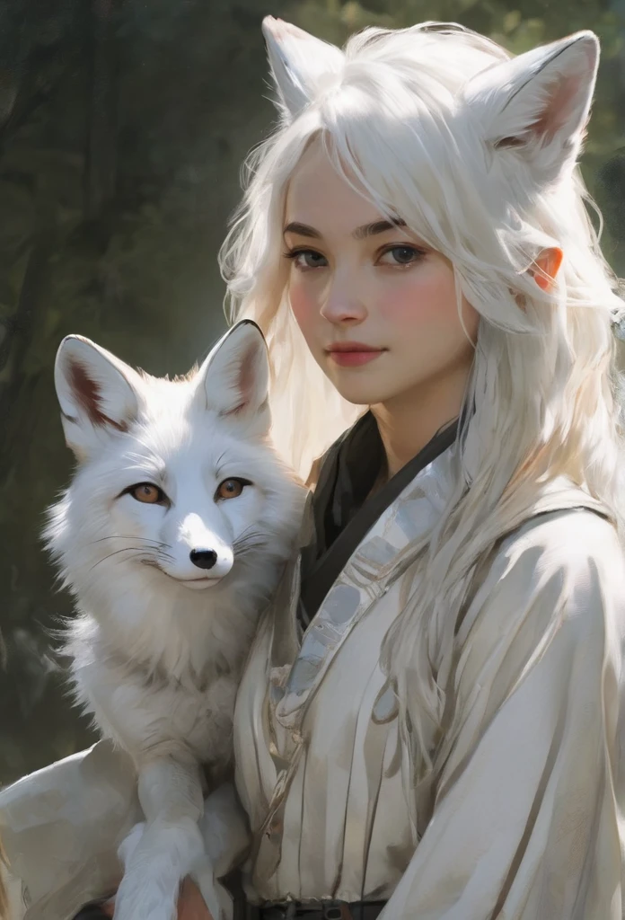 Teenager, female, white fox demi-human, middle age era, no human ears