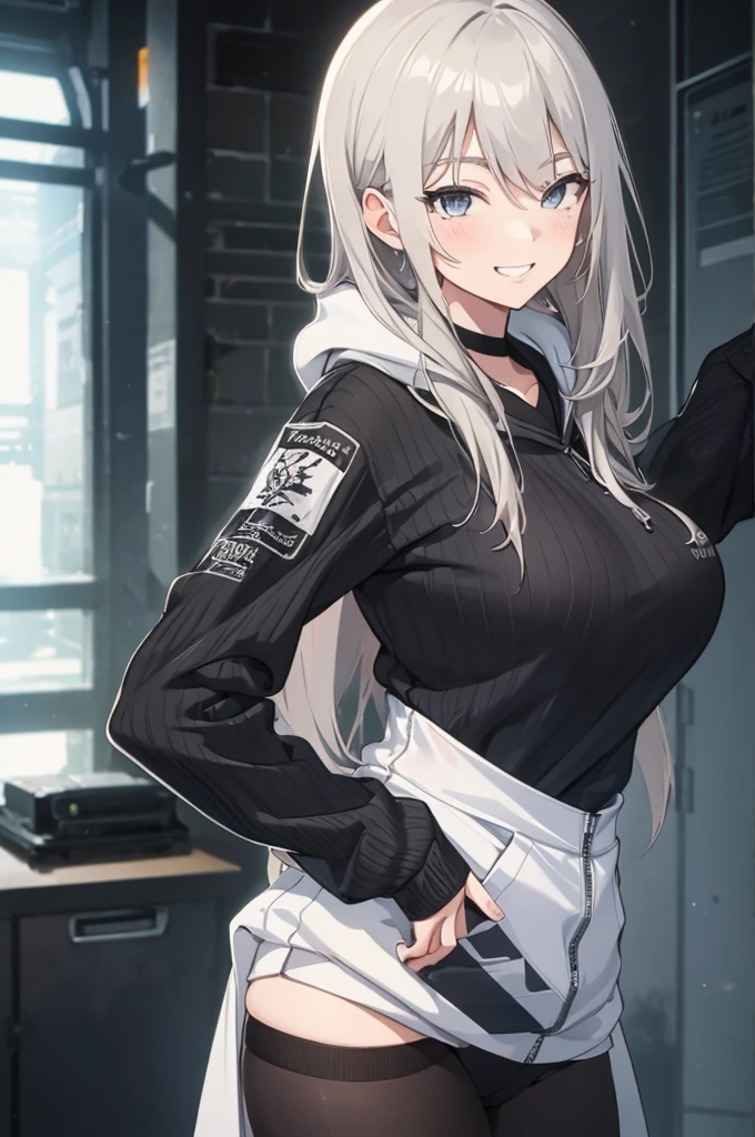 Concept Art, White hair, Silver gradient hair , Composite cloth, Virtual YouTuber, best quality, masterpiece, Dynamic Angle, girl,Miss,woman, young,20 years old, , Hair Flip, Silver Hair, Flowing hair, Ahog, giggle, Beautiful and delicate golden eyes, teeth, Large Breasts, Blonde eyes, White skin, hoodie, Black_shorts, Gray clothes, transparent_Back ground, Backlighting, absurd, high resolution, Extremely detailed,sweater,Smile