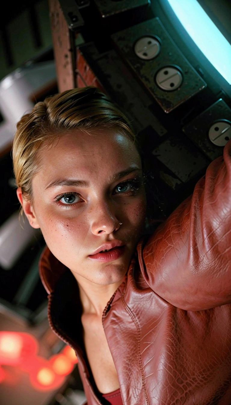 Blonde woman in leather jacket leaning against a wall with a neon light, Kristanna Loken, doom beautiful face,
