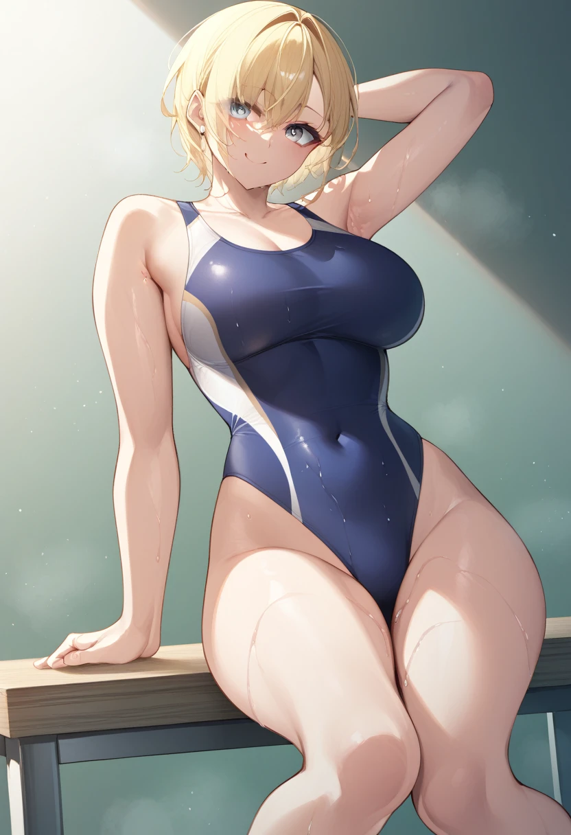 masterpiece)),((Highest quality)),High resolution,Extremely detailed CG,Perfect lighting,8k wallpaper、One Woman, alone、Very large breasts、Very large breasts、Side bust、very thick legs、smile、blonde,Looking into the camera、Grey Eyes、Round eyeedium Short Hair、Transparent competitive swimsuit、Show me your armpits、Raise your arms、Sweaty、soaked through、Draw up to your knees