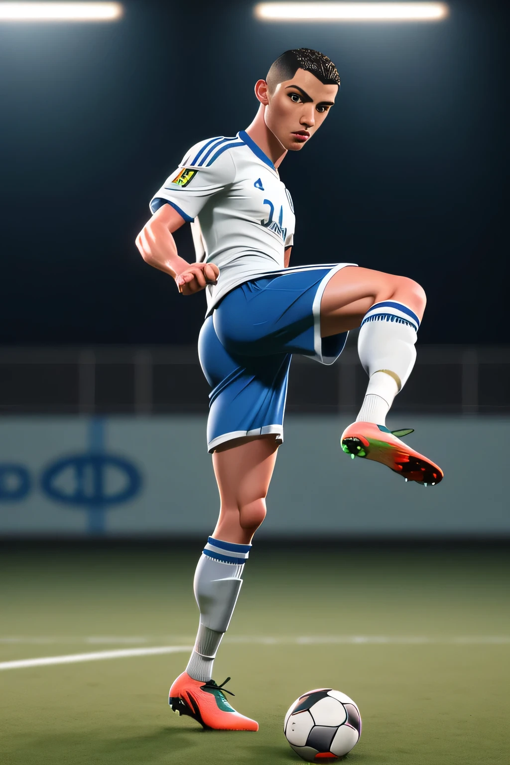 RAW photo, 8k uhd, masterpiece, (photorealistic:1.4), best quality, beautiful lighting, 3D Art, C4D, OC render, Cristiano Ronaldo, (full body:1.5),
1 30 yo man, professional soccer player, kicking action, sports shorts, half socks, soccer shoes, soccer ball, looking at soccer ball