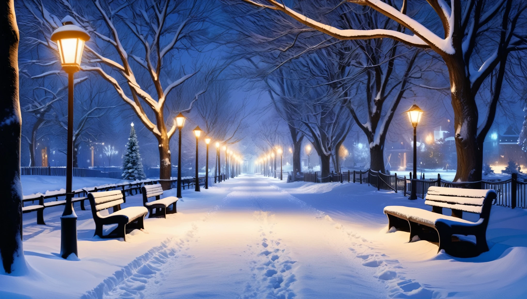 snowy path with benches and string lights in a park, snowy winter christmas night, light snowfall, cozy lights, winter setting, beautiful winter area, snowy night, snowfall at night, snowy winter scene, winter scene fantasy, winter wonderland, cosy enchanted scene, winter night, fairy lights, snowy winter, winter atmosphere, perfect lighting in a snow storm, glowing snow, cozy setting