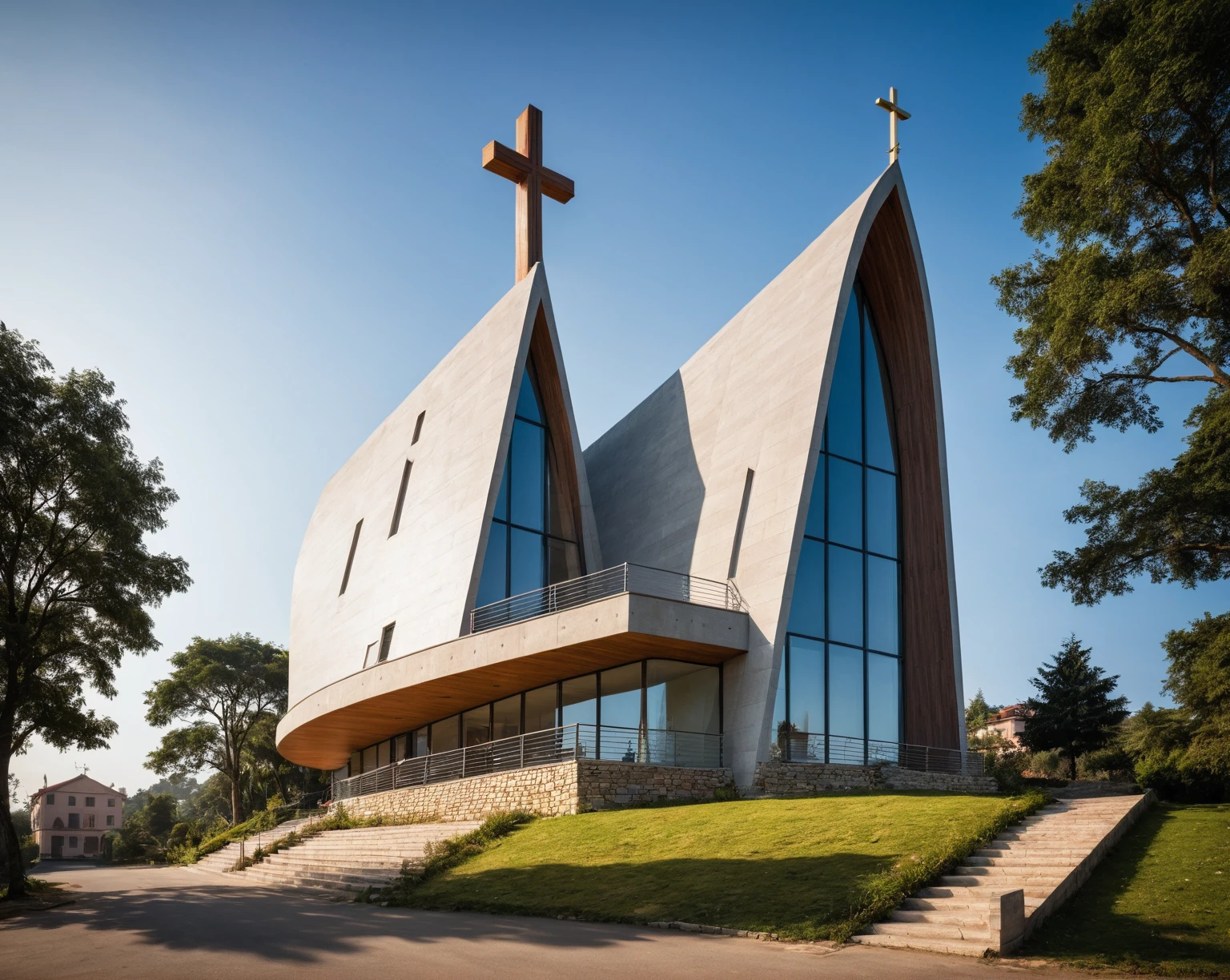 raw photo, best quality, ultra realistic, masterpiece, best quality skin, photography hd, dslr,
tcs, httlvn, modern church, road, people, house, facade design, outdoors, church, cross on top, building, scenery, curved shape building, 
day light, sunshine, 
View from a tree, dof view, 