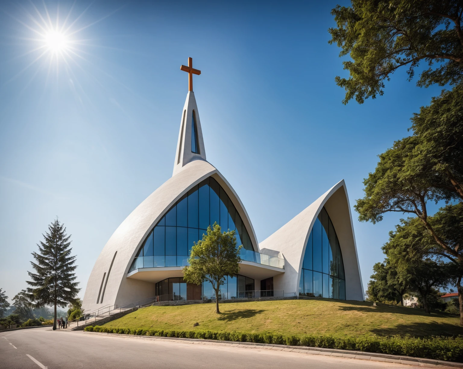 raw photo, best quality, ultra realistic, masterpiece, best quality skin, photography hd, dslr,
tcs, httlvn, modern church, road, people, house, facade design, outdoors, church, cross on top, building, scenery, curved shape building, 
day light, sunshine, 
View from a tree, dof view, 