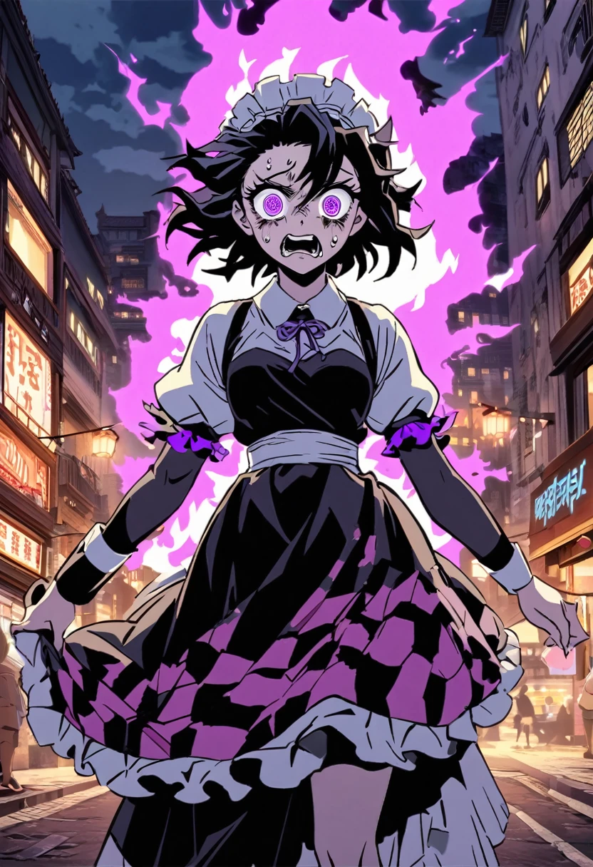 A ager maid with long black hair and purple furious blight eyes. She is scared, desesperated. The background is a city with purple fire. Kimetsu no Yaiba Art Style.