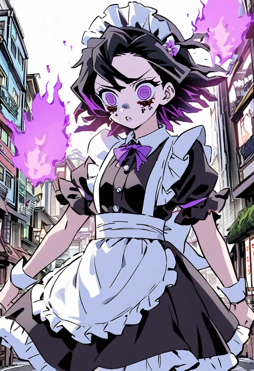 A teenager maid with long black hair and purple furious blight eyes. She is scared, desesperated. The background is a city with purple fire. Kimetsu no Yaiba Art Style.