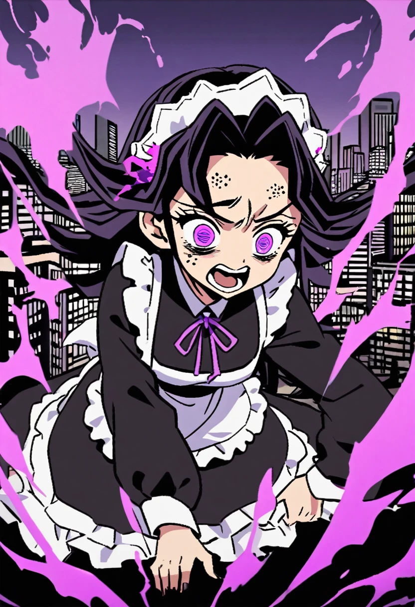 A teenager maid with long black hair and purple furious blight eyes. She is scared, desesperated. The background is a city with purple fire. Kimetsu no Yaiba Art Style.