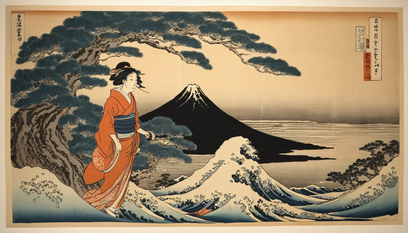 (((Katsushika Hokusai))), (((Ink Painting))), (((Woman's skeleton))), (((Butterfly patterned haori coat))), (((Sunglasses with tinted lenses, ))), Japanese style headphones, Japanese sword, Two-Way, Modern ukiyo-e style