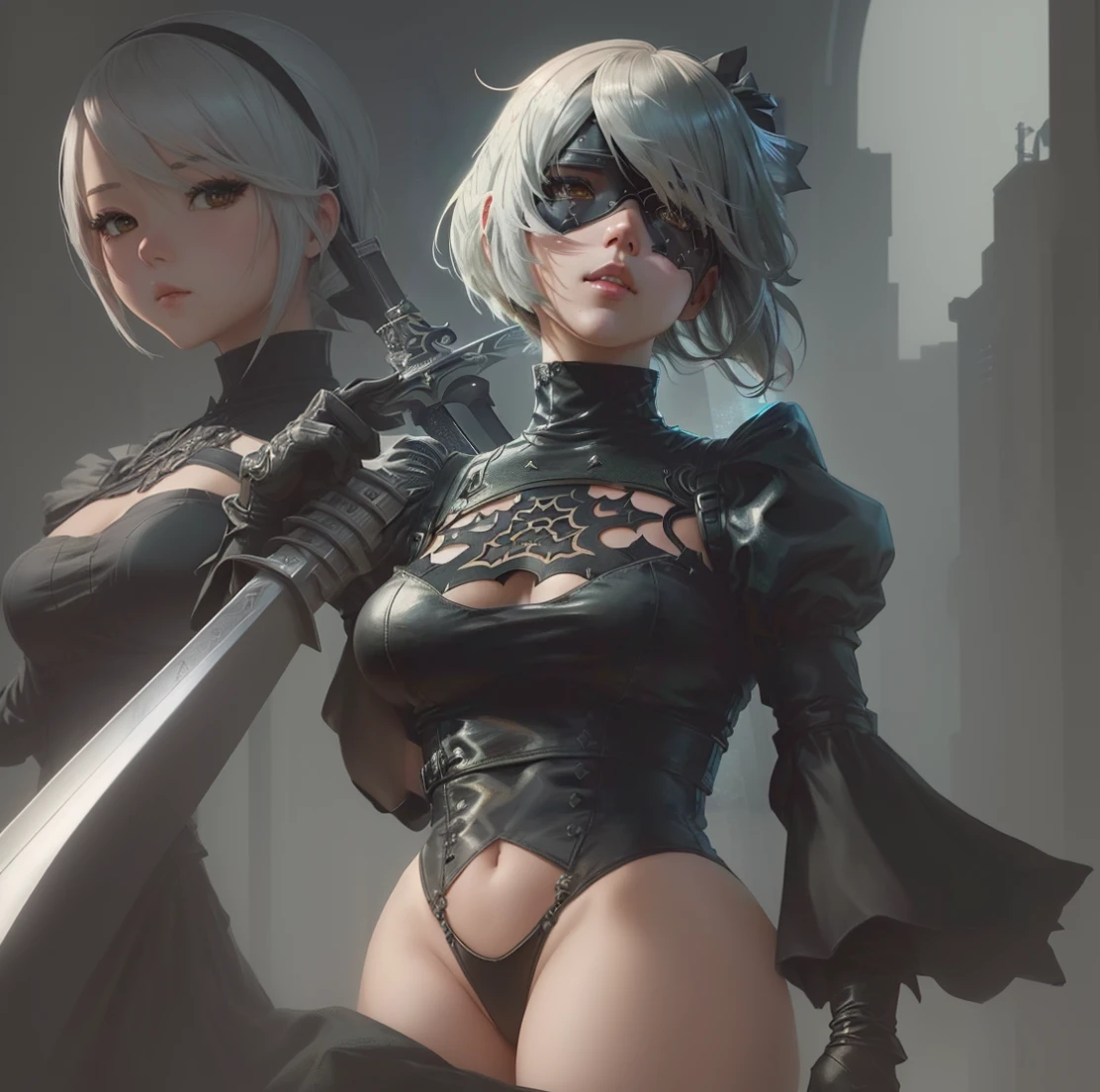 Anime girl with sword and black outfit posing for a photo、2B Nier オートマトン、Nier:Automaton Inspired、Nier オートマタ インスパイア、Nier オートマタの 2 B、Nier オートマタの 2b、2 b、Nier インスパイアー、Nier 2 b、Bad anime 8k、Nier、Female Assassin、8k high quality detailed art