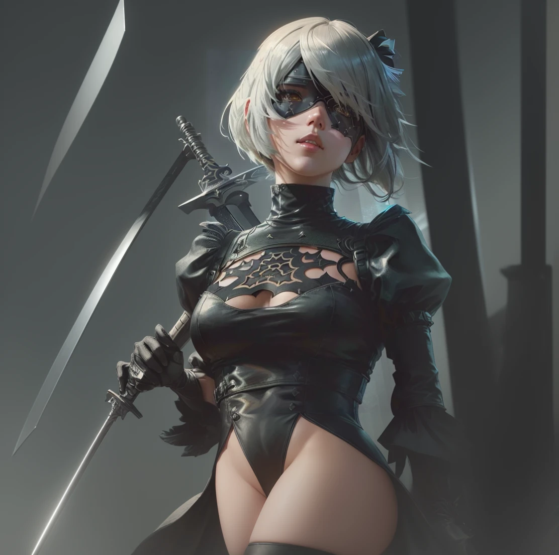 Anime girl with sword and black outfit posing for a photo、2B Nier オートマトン、Nier:Automaton Inspired、Nier オートマタ インスパイア、Nier オートマタの 2 B、Nier オートマタの 2b、2 b、Nier インスパイアー、Nier 2 b、Bad anime 8k、Nier、Female Assassin、8k high quality detailed art