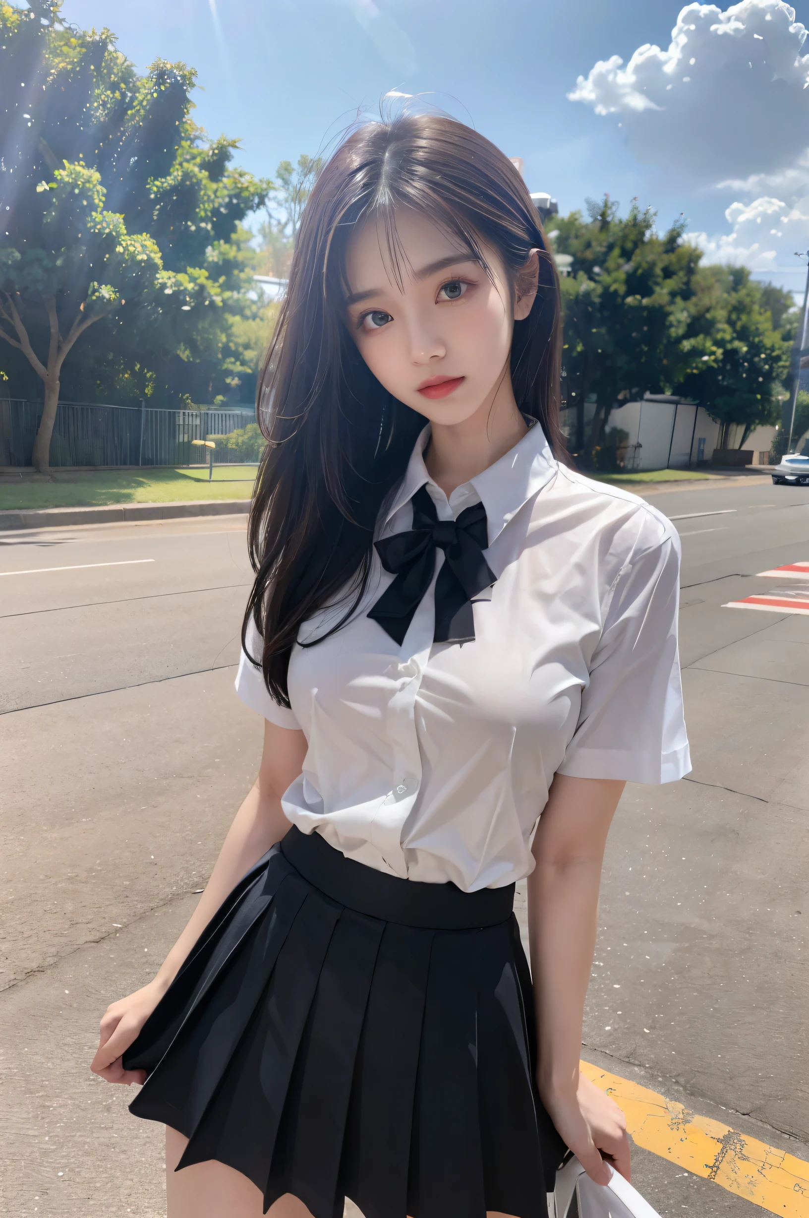 (ultra HD), (School uniform with short sleeves, White collared shirt, Black Skirt), Full body description, Big Breasts, Cleavage, slender, Clean and shiny skin, Whitening, No makeup, (Super slender face, Super beautiful face, Delicate face), (long hair, Layered Cut, Fluffy hair,light brown), (Big eyes, Slanted Eyes), Small Nose, Thin lips, Thin legs, In front of the school gate