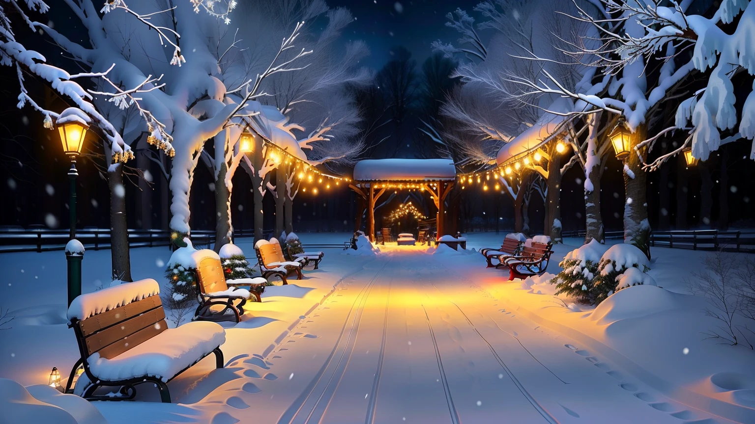 snowy path with benches and string lights in a park, snowy winter christmas night, light snowfall, cozy lights, winter setting, beautiful winter area, snowy night, snowfall at night, snowy winter scene, winter scene fantasy, winter wonderland, cosy enchanted scene, winter night, fairy lights, snowy winter, winter atmosphere, perfect lighting in a snow storm, glowing snow, cozy setting