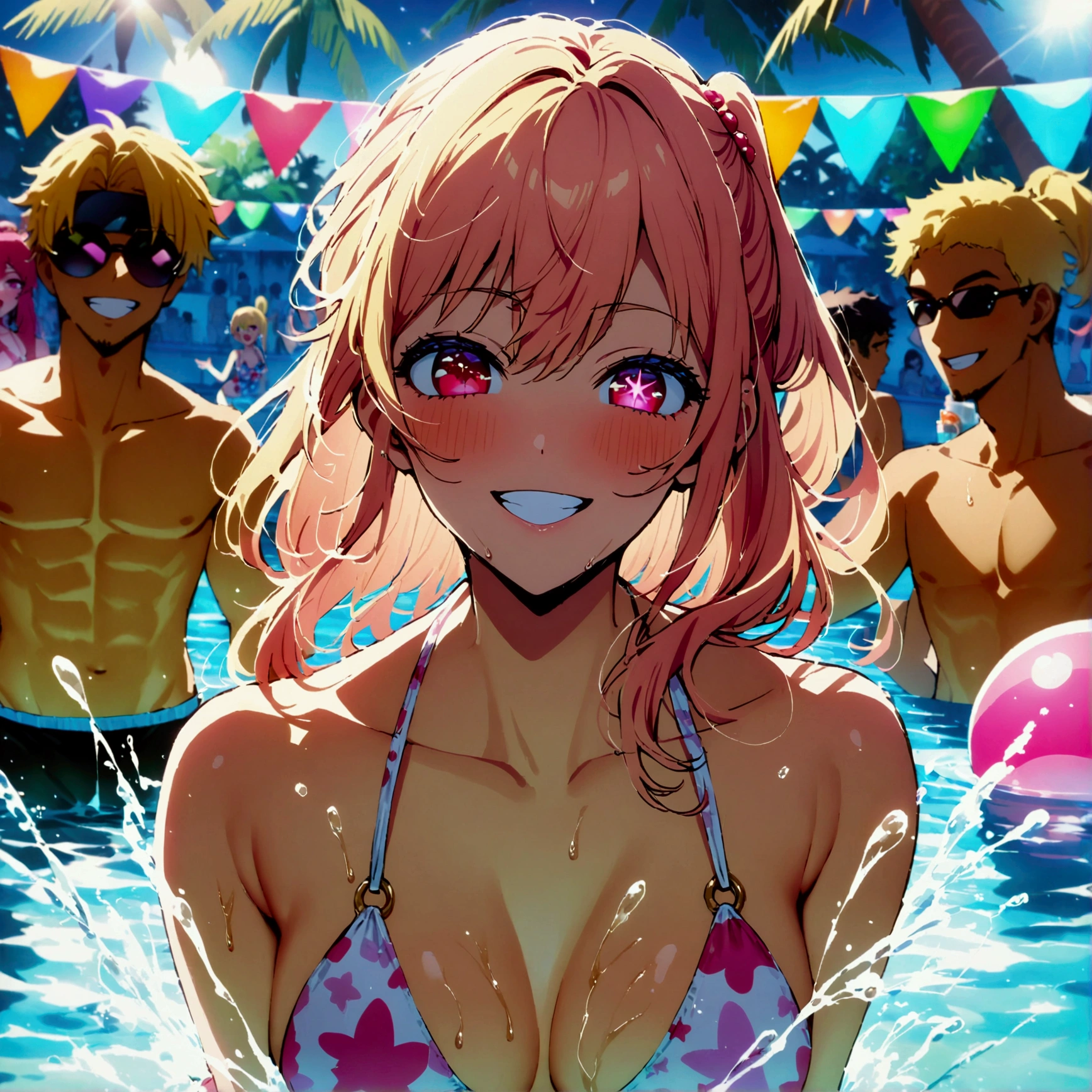 (Pool Party), swimsuit crowd boys, young people having fun at a pool, one girl among many men, hoshinoruby, star-shaped pupils, ruby_hoshino, idol, blonde hair, bangs, pink and red eyes, left side ponytail, close the right eye, grin, looking at viewer, best quality, masterpiece, high quality, extremely detailed CG unity 8k wallpaper, delicate background, luminous particles, everyone enjoys partying, multi pose, colorful swim rings, big beach balls, water splashing, glass of cocktail,