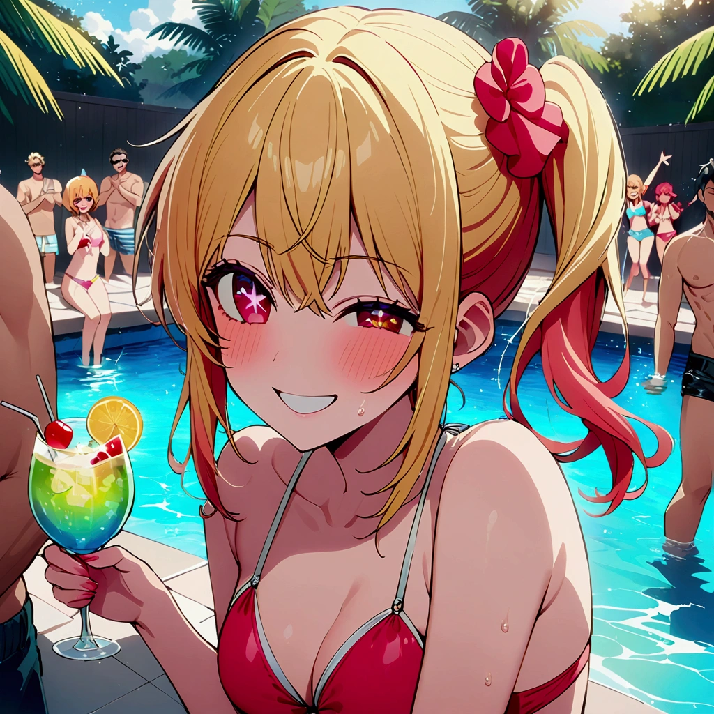 (Pool Party), swimsuit crowd boys, young people having fun at a pool, one girl among many men, hoshinoruby, star-shaped pupils, ruby_hoshino, idol, blonde hair, bangs, pink and red eyes, left side ponytail, close the right eye, grin, looking at viewer, best quality, masterpiece, high quality, extremely detailed CG unity 8k wallpaper, delicate background, luminous particles, everyone enjoys partying, multi pose, colorful swim rings, big beach balls, water splashing, glass of cocktail,