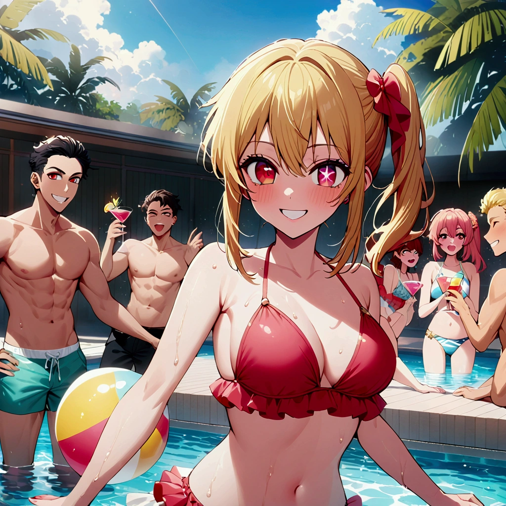 (Pool Party), swimsuit crowd boys, young people having fun at a pool, one girl among many men, hoshinoruby, star-shaped pupils, ruby_hoshino, idol, blonde hair, bangs, pink and red eyes, left side ponytail, close the right eye, grin, looking at viewer, best quality, masterpiece, high quality, extremely detailed CG unity 8k wallpaper, delicate background, luminous particles, everyone enjoys partying, multi pose, colorful swim rings, big beach balls, water splashing, glass of cocktail,