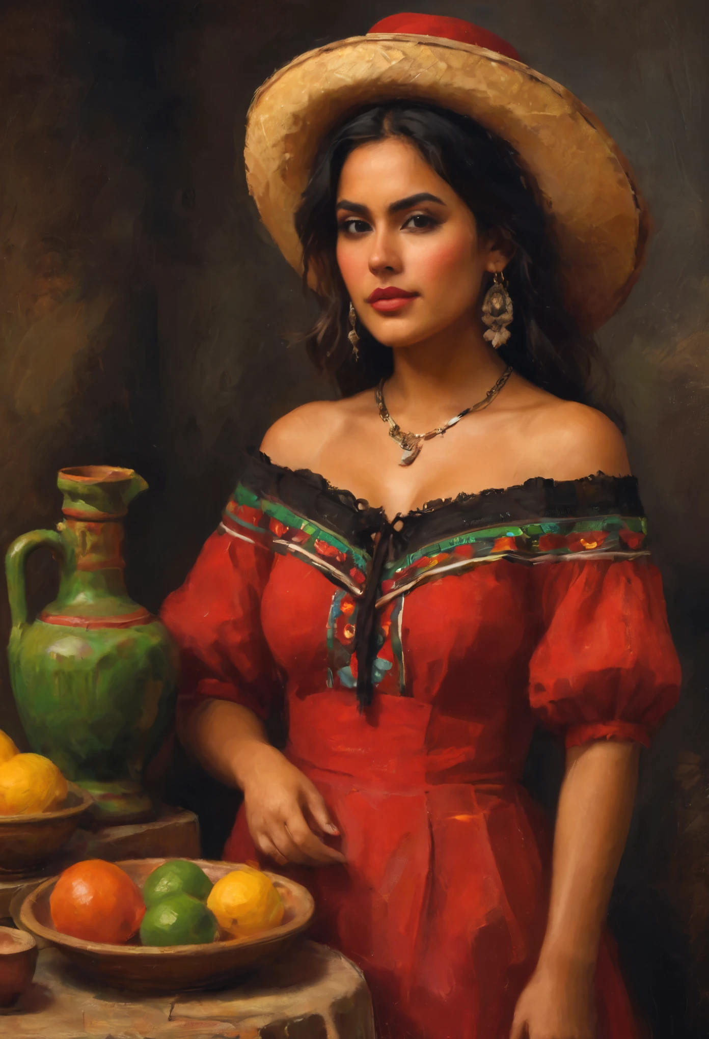 score_9, score_8_up, score_7_up, score_6_up, score_5_up, score_4_up, BREAK 1girl, Mexican female, red dress, cleavage, black bra, red hat, Mexican aesthetic clothing, traditional artesanía background.
