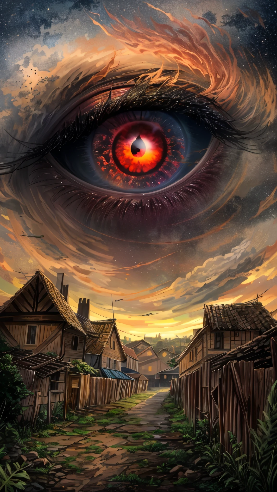 Gigantic demonic eye floating in the sky, huge luminous eye, scary, awful, impressive, Gigantic, very damaged skin around the eye, eye looking towards a small medieval village, best quality, best colors, dynamic point of view, view from 'below, apocalyptic film scene, melting into the middle of the night.
