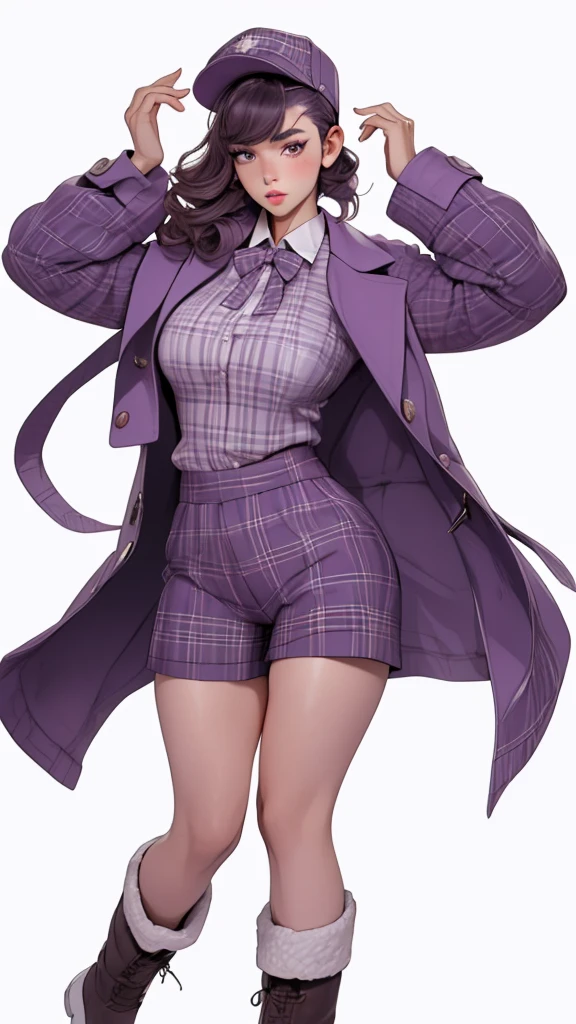 woman, curvy, large breasts, Adult,  (half body photo:1.3), (Faux Hawk with Tapered Sides and:1.3), ,  purpl3_1, purple plaid shirt and shorts, purple jacket, hat, boots, best quality, high detail, high quality, high res, 4k,eyeliner, pouty lips,  detailed skin texture,  (blush:0.5),(white background:1.4)