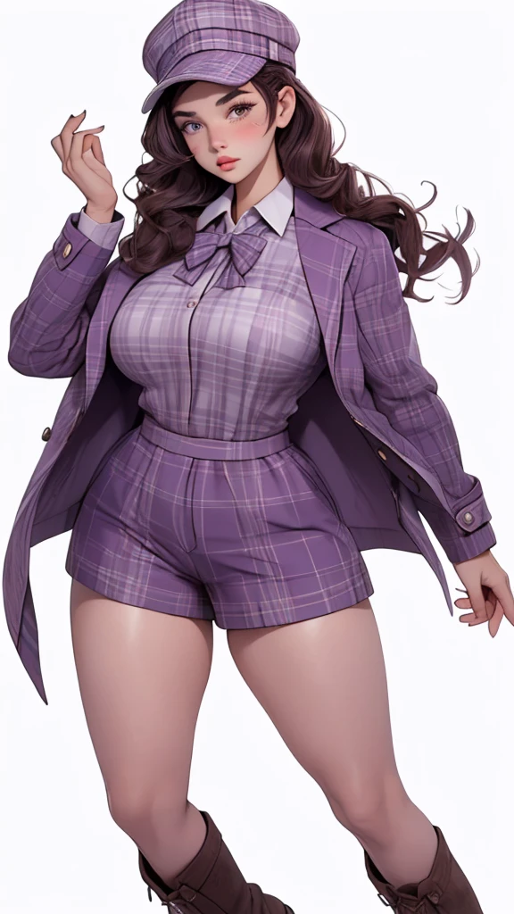 woman, curvy, large breasts, Adult,  (half body photo:1.3), (Faux Hawk with Tapered Sides and:1.3), ,  purpl3_1, purple plaid shirt and shorts, purple jacket, hat, boots, best quality, high detail, high quality, high res, 4k,eyeliner, pouty lips,  detailed skin texture,  (blush:0.5),(white background:1.4)