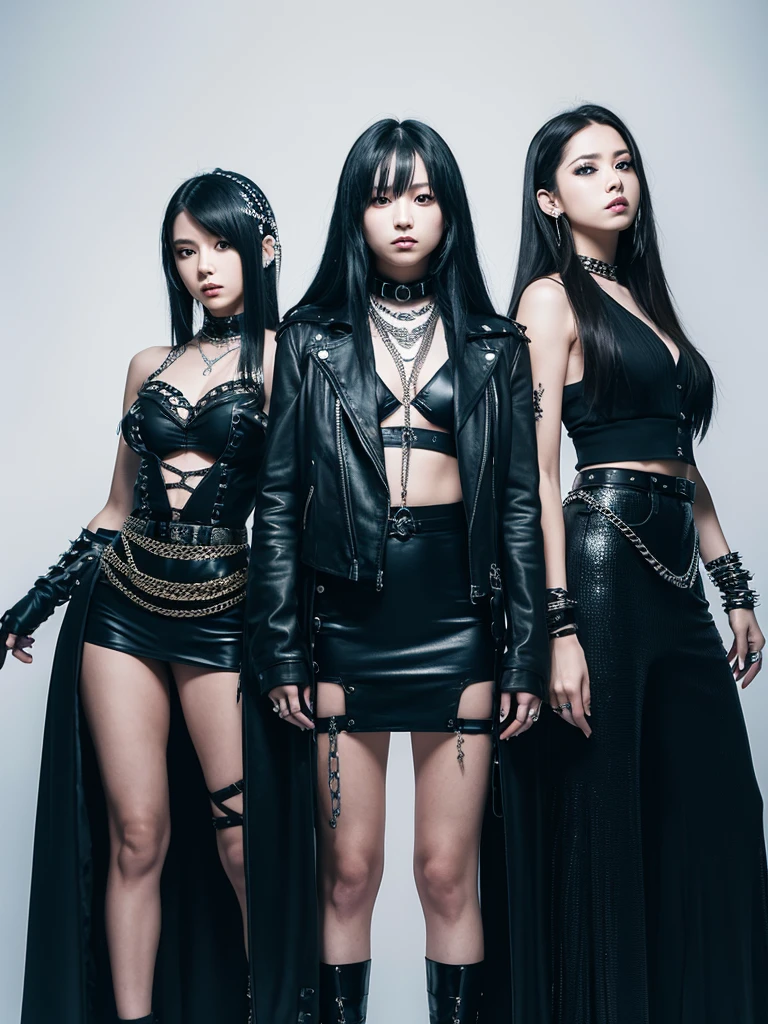 Female metal rock musical group, with 4 members, 3 with long hair and one with short hair, all black. Dressed in black and blue, with accessories such as chains and spikes.