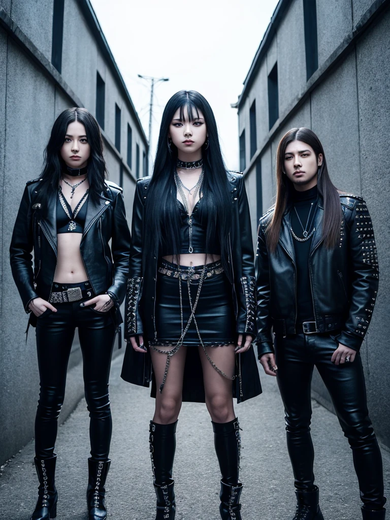 Female metal rock musical group, with 4 members, 3 with long hair and one with short hair, all black. Dressed in black and blue, with accessories such as chains and spikes.