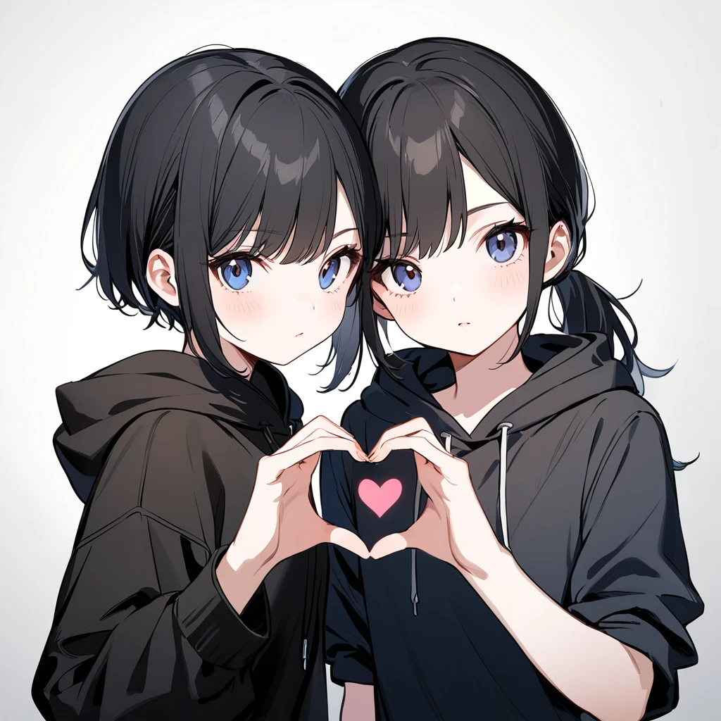 best quality, beautiful, absurdres, a girl, twins ,two girls,(one girl is black hair, low pony tail hair,short hair,black hoodie),(The other girl is black hair,pony tail,black hoodie), making a heart with hands, looking at viewer, looking to the side, eyes open, pale skin, -yeld, we background