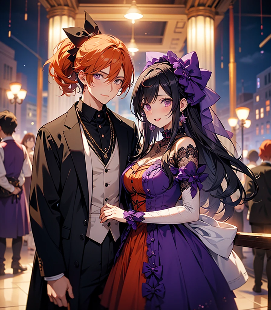 (2 people)Anime Couples,The woman on the left:Black Hair,The man on the right:Orange Hair,room,smile,Purple eyes,beautiful,Highest quality